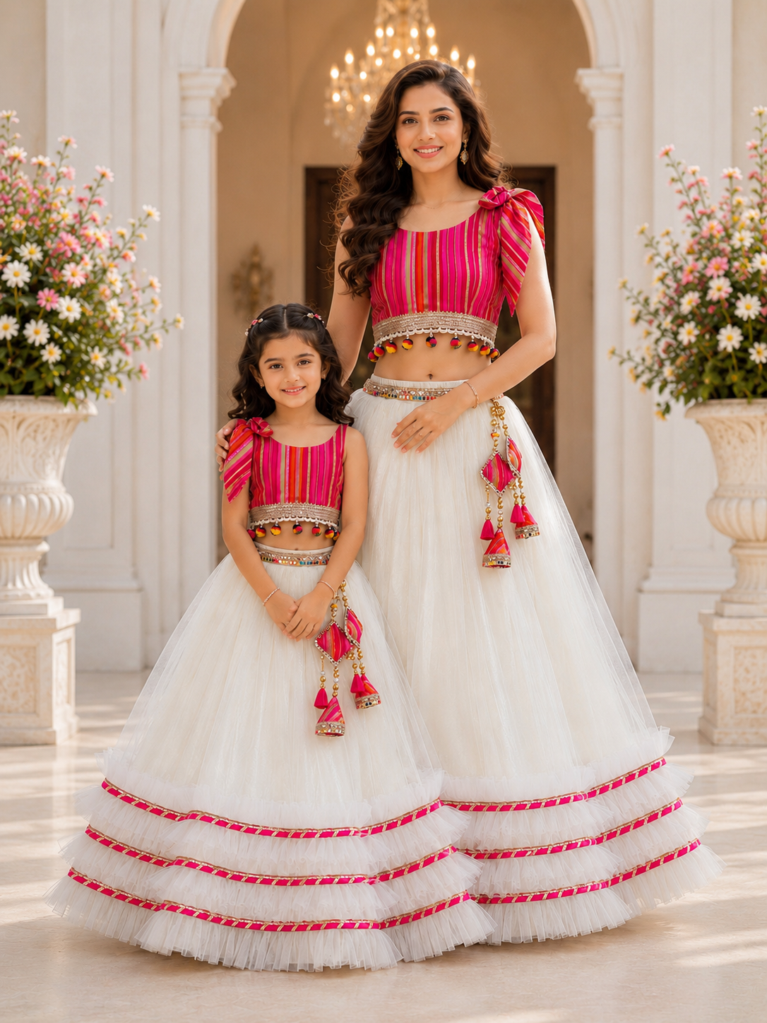 Woman wearing white layered festive lehenga set with multicolor striped blouse and handcrafted tassel detailing by Pear Bear 1