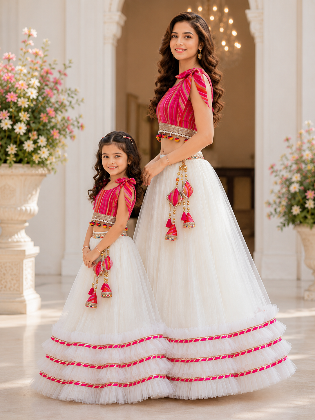 Woman wearing white layered festive lehenga set with multicolor striped blouse and handcrafted tassel detailing by Pear Bear 2