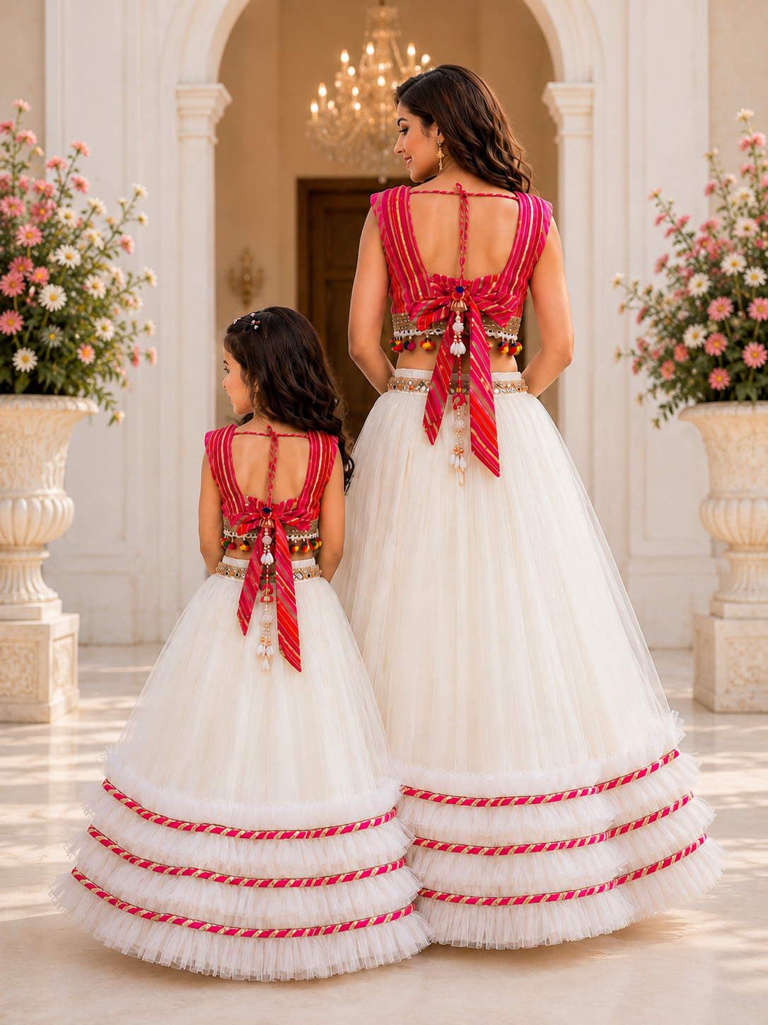 Woman wearing white layered festive lehenga set with multicolor striped blouse and handcrafted tassel detailing by Pear Bear 3