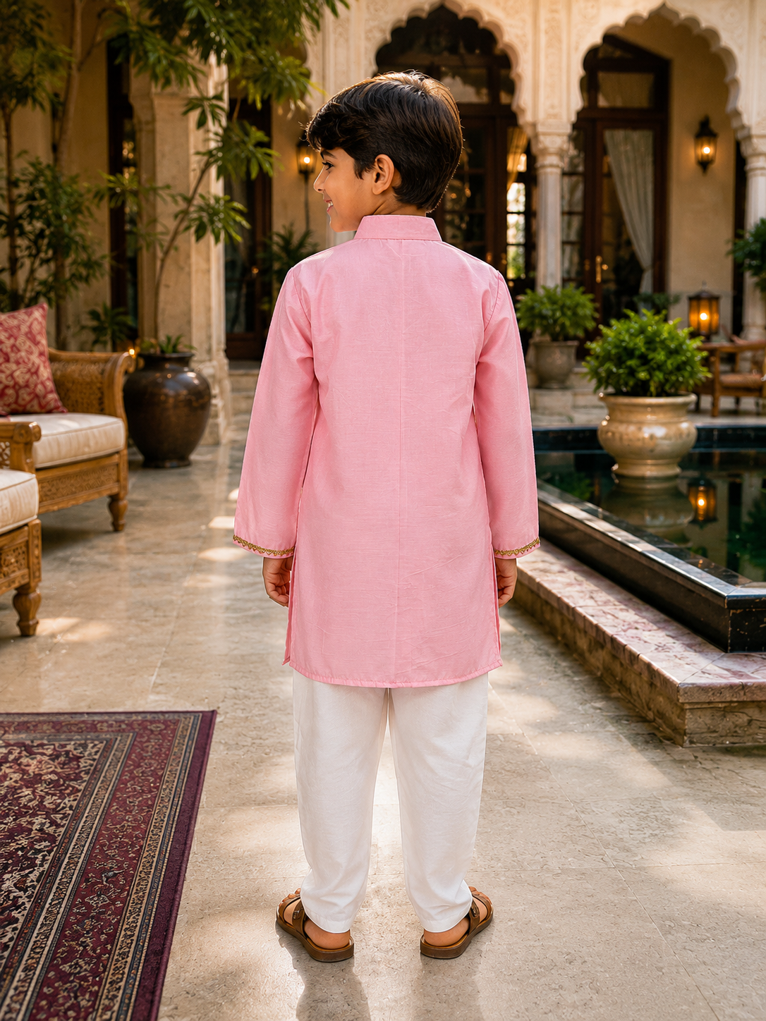 Pear Bear Boys Pink Chanderi Kurta Pajama Set with Designer Patch Pocket
