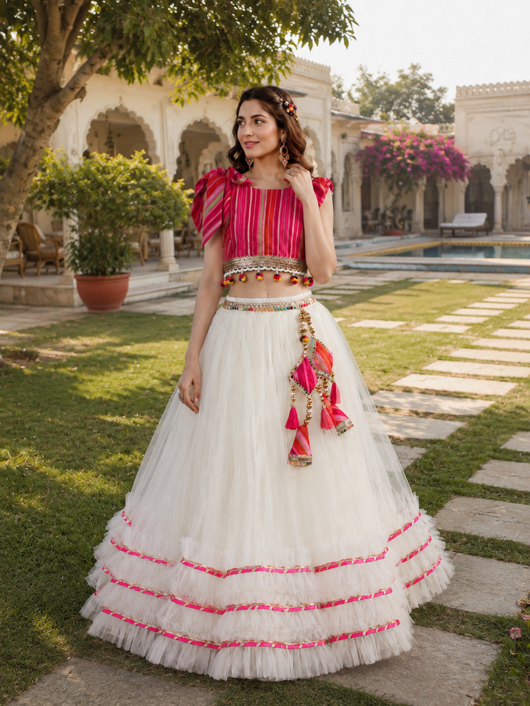 Pink Stripe & Ivory Ruffle Mother-Daughter Twinning Lehenga Set | Designer Festive Lehenga Choli