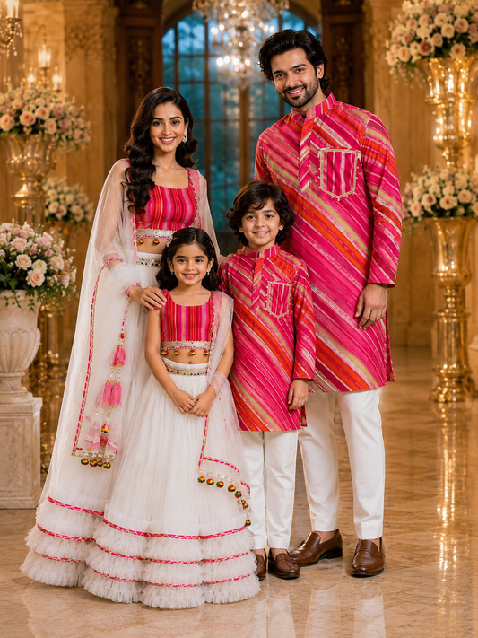 Family wearing coordinated Pear Bear Royal Leheriya festive ethnic outfits featuring matching father-son kurtas and elegant mother-daughter celebration lehenga sets for weddings and festive occasions.