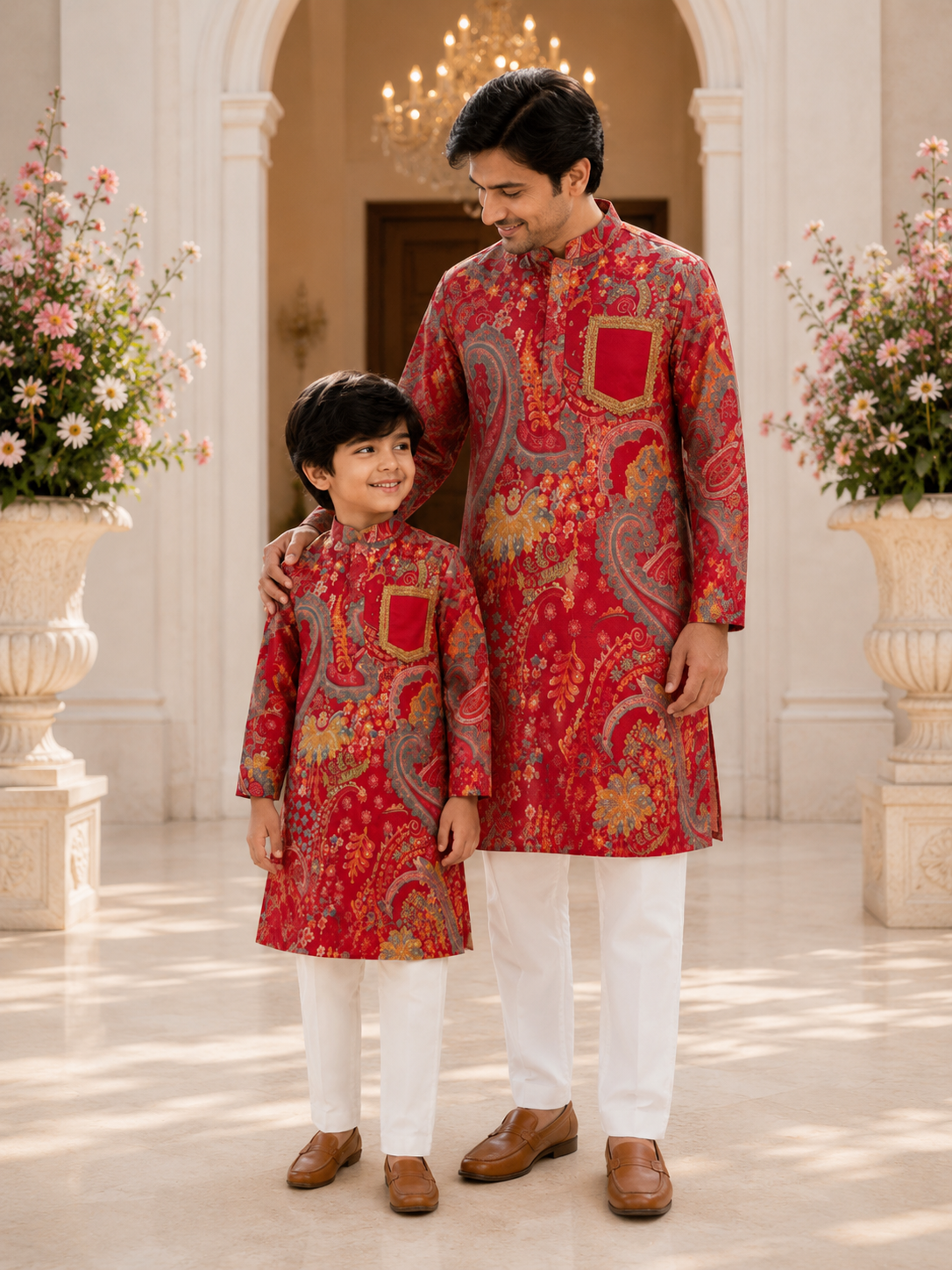 Father and son wearing coordinated royal crimson paisley festive kurta sets with off white pants for weddings and family celebrations by Pear Bear.