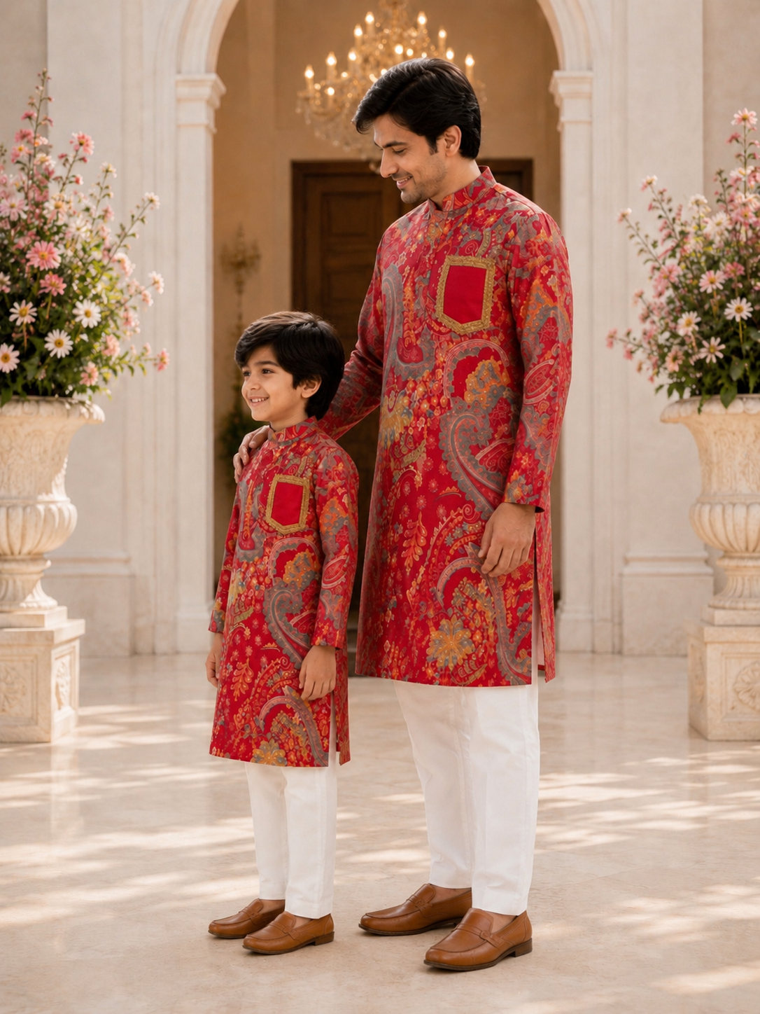 Father and son wearing coordinated royal crimson paisley festive kurta sets with off white pants for weddings and family celebrations by Pear Bear 1