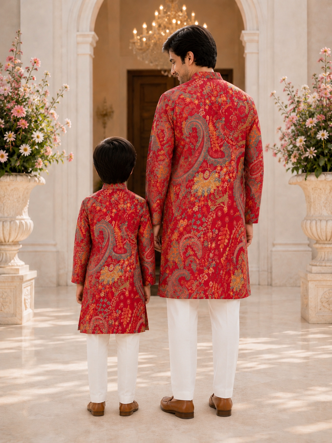 Father and son wearing coordinated royal crimson paisley festive kurta sets with off white pants for weddings and family celebrations by Pear Bear 2