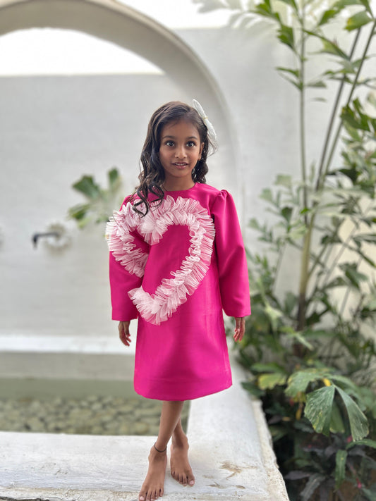 Fuchsia frilled heart party dress for girls with full sleeves and designer detailing