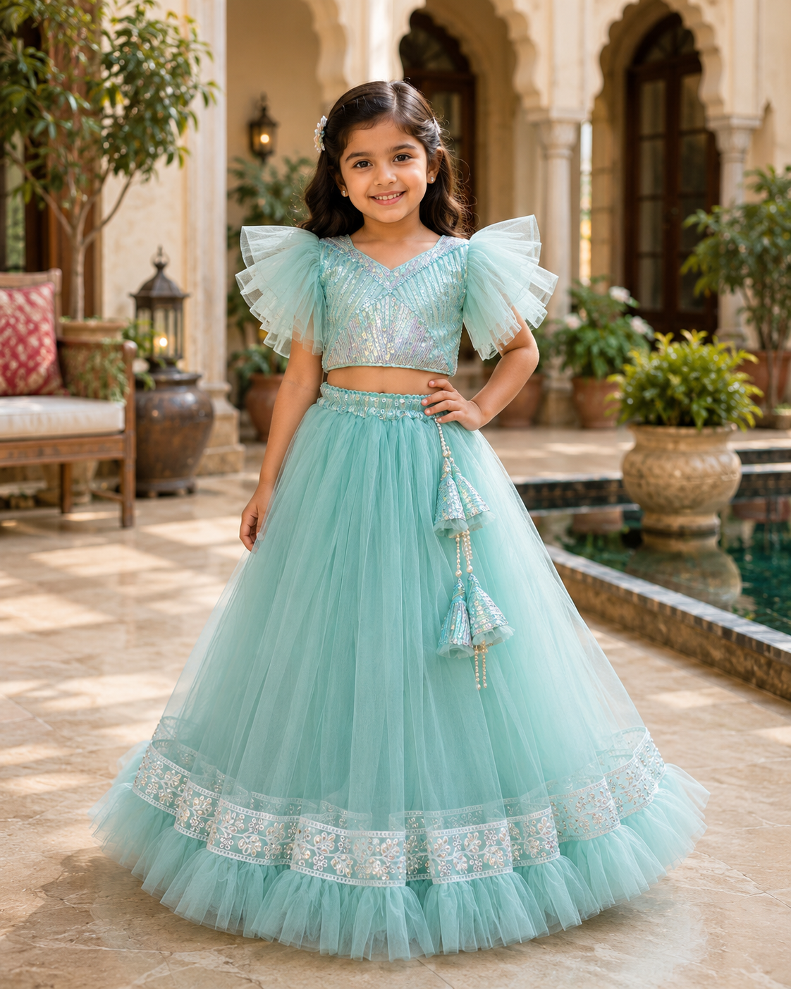 Girls aqua blue embellished tulle lehenga choli set with statement sleeves and tassel detailing