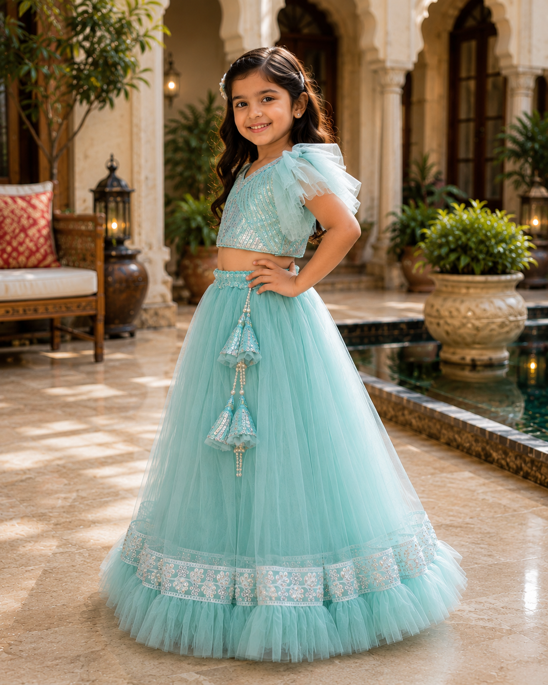 Girls aqua blue embellished tulle lehenga choli set with statement sleeves and tassel detailing 1