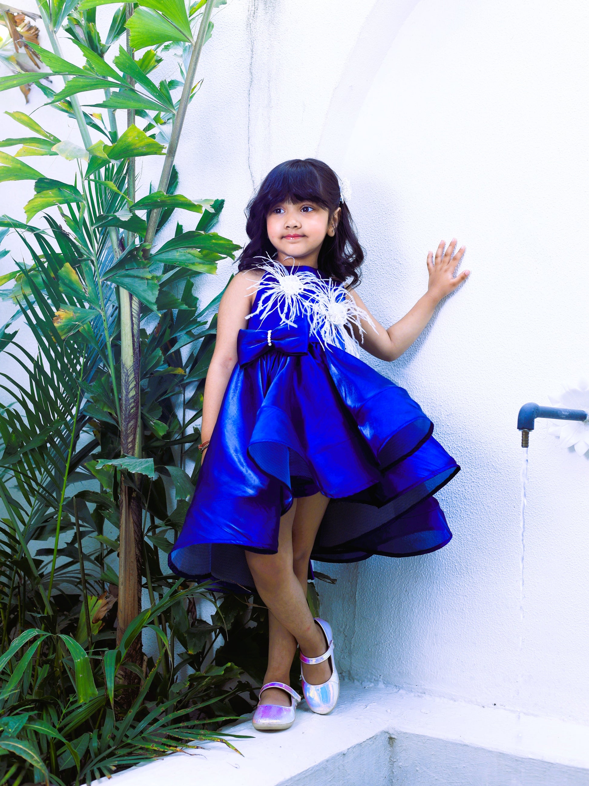 Girls royal blue Silk Organza high-low party dress with feather embellishment