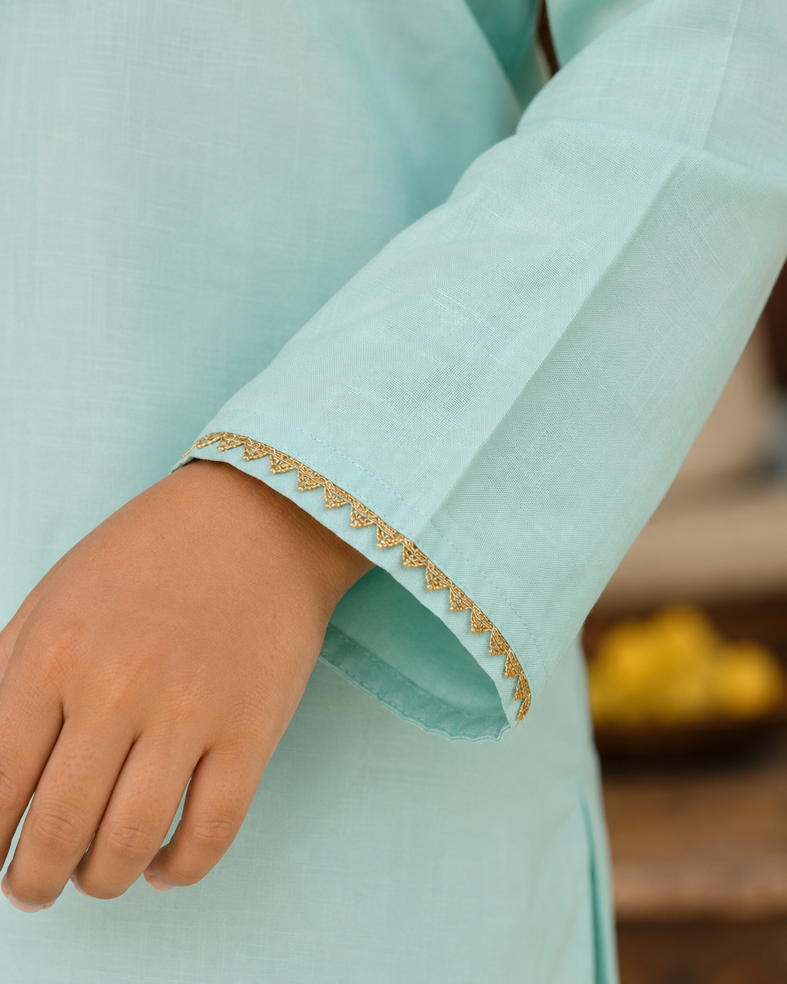 Gold lace sleeve detail on Pear Bear Mint Green Chanderi Kurta