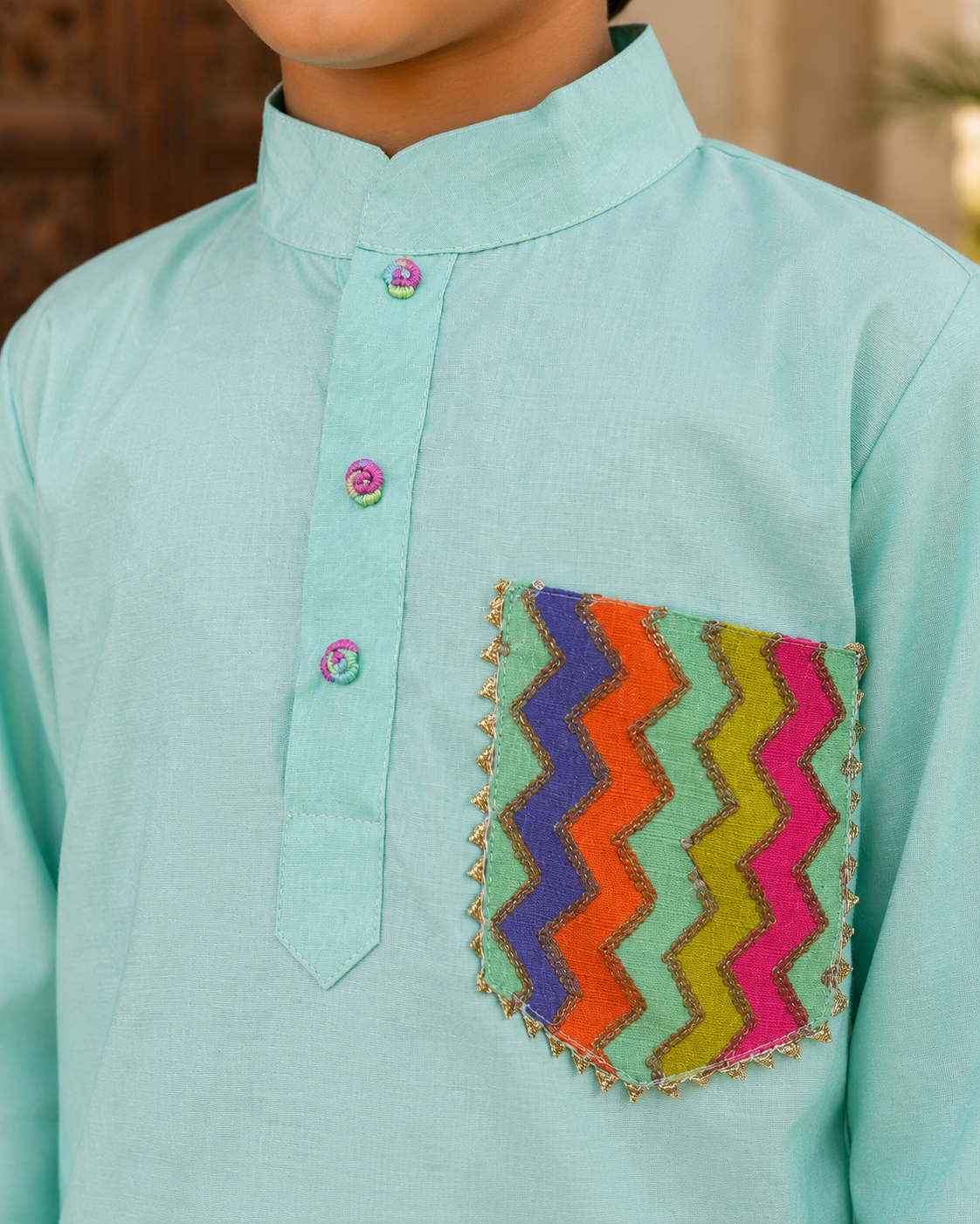 Handcrafted multicolour designer pocket on Mint Green Chanderi Kurta