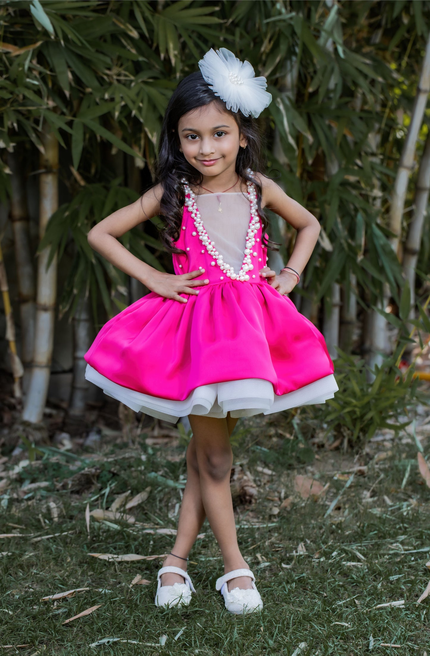 Hot pink bridal satin party dress for girls with pearl embellishments and detachable bow