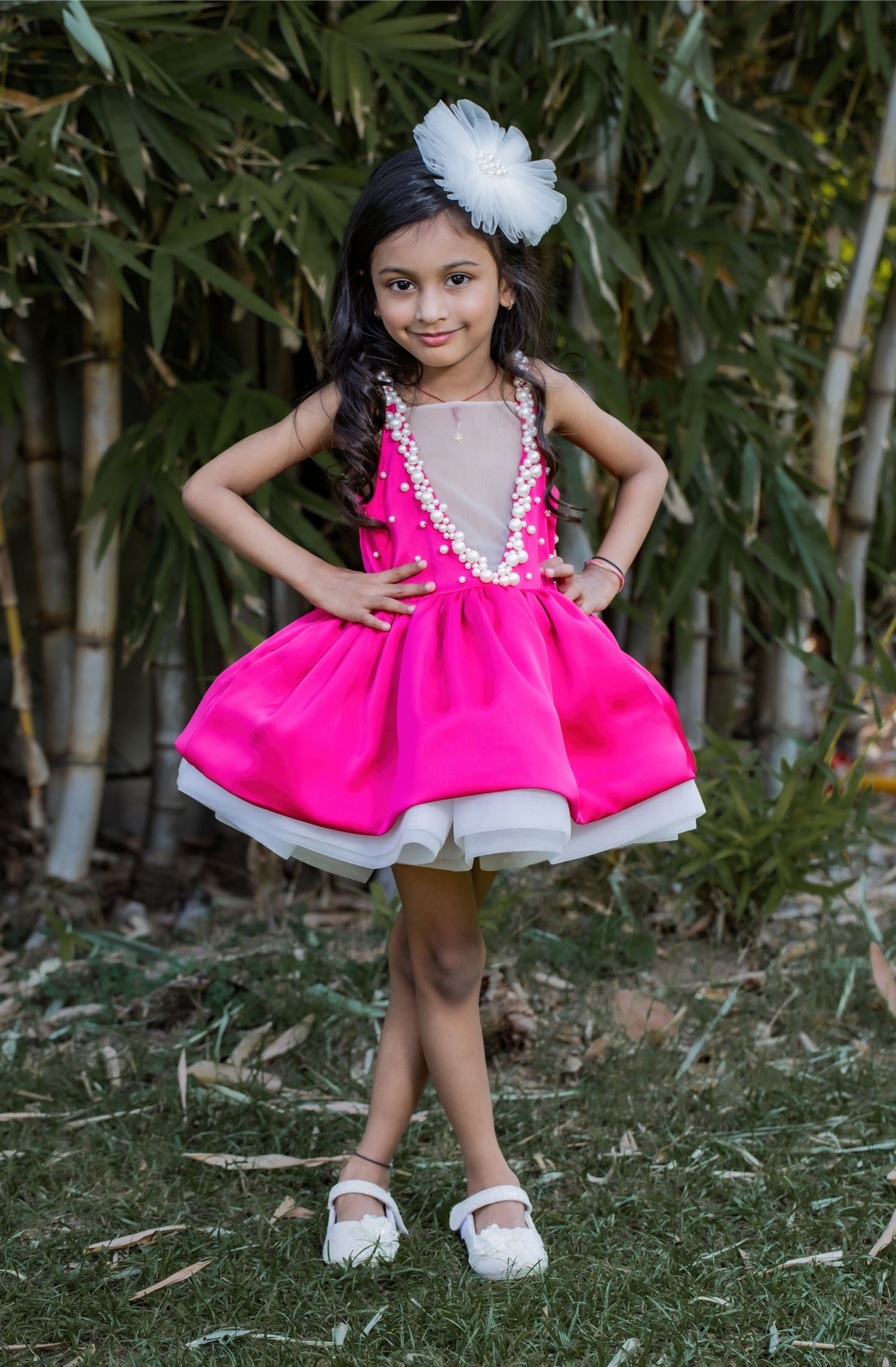 Hot pink bridal satin party dress for girls with pearl embellishments and detachable bow
