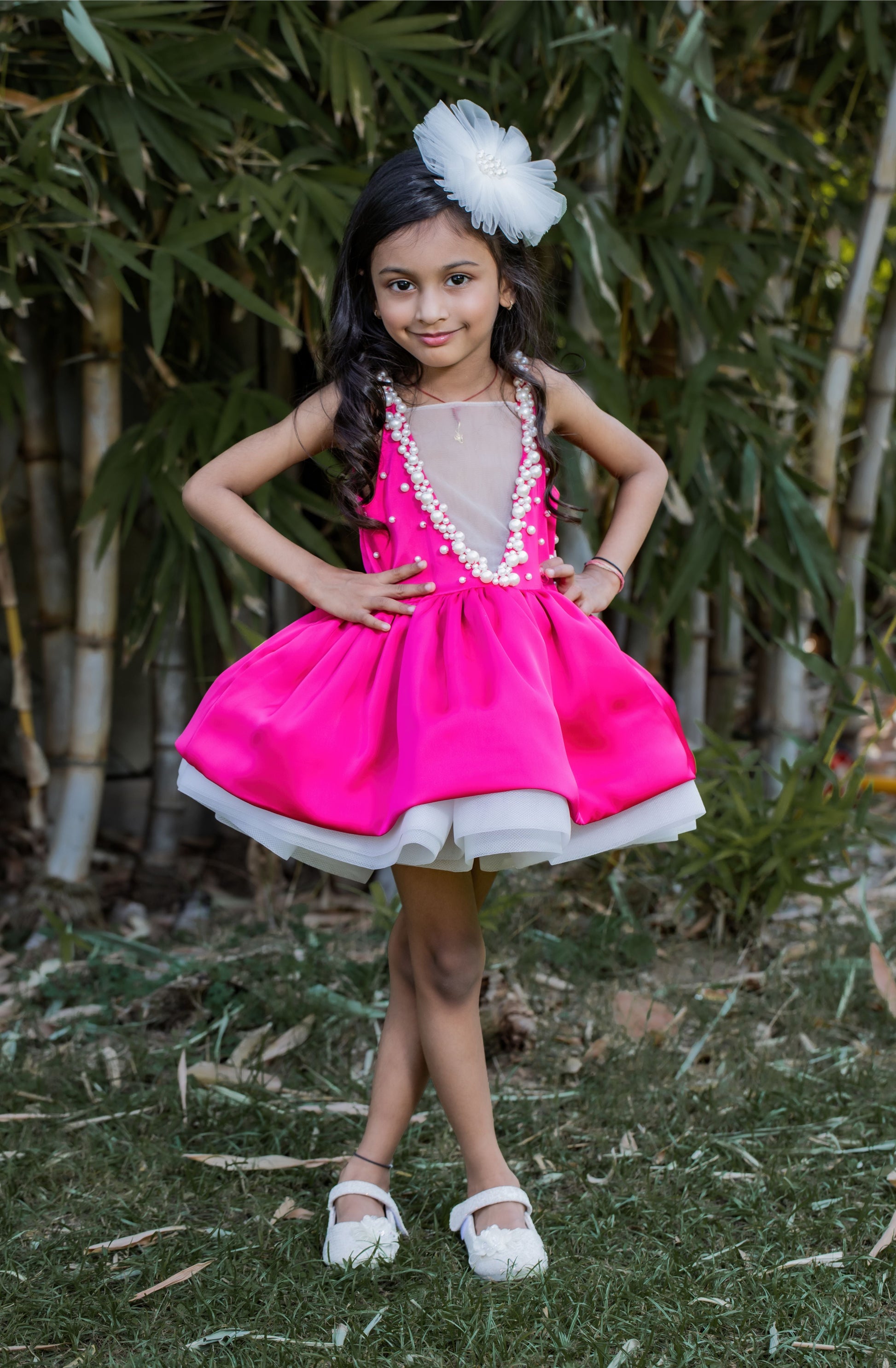 Hot pink bridal satin party dress for girls with pearl embellishments and detachable bow