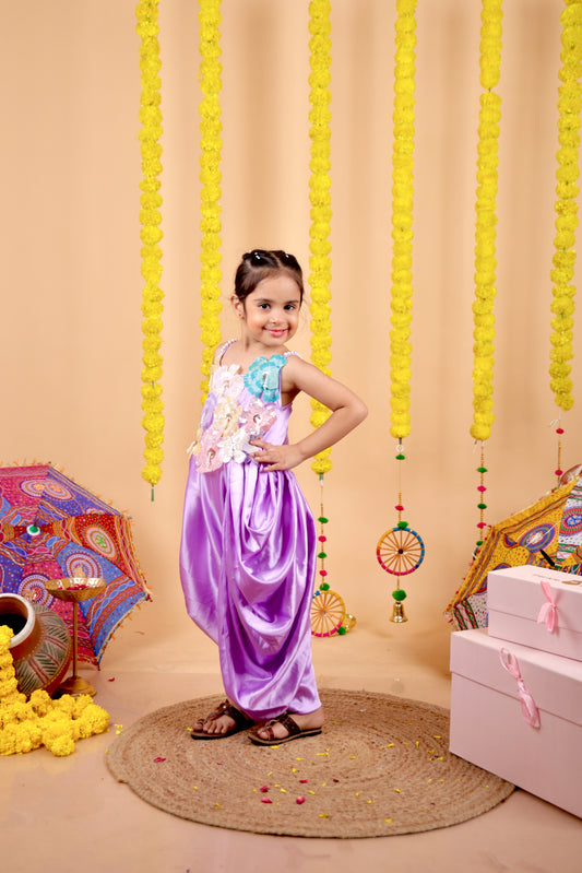 Lavender Embellished Pleated Dhoti Style Dress