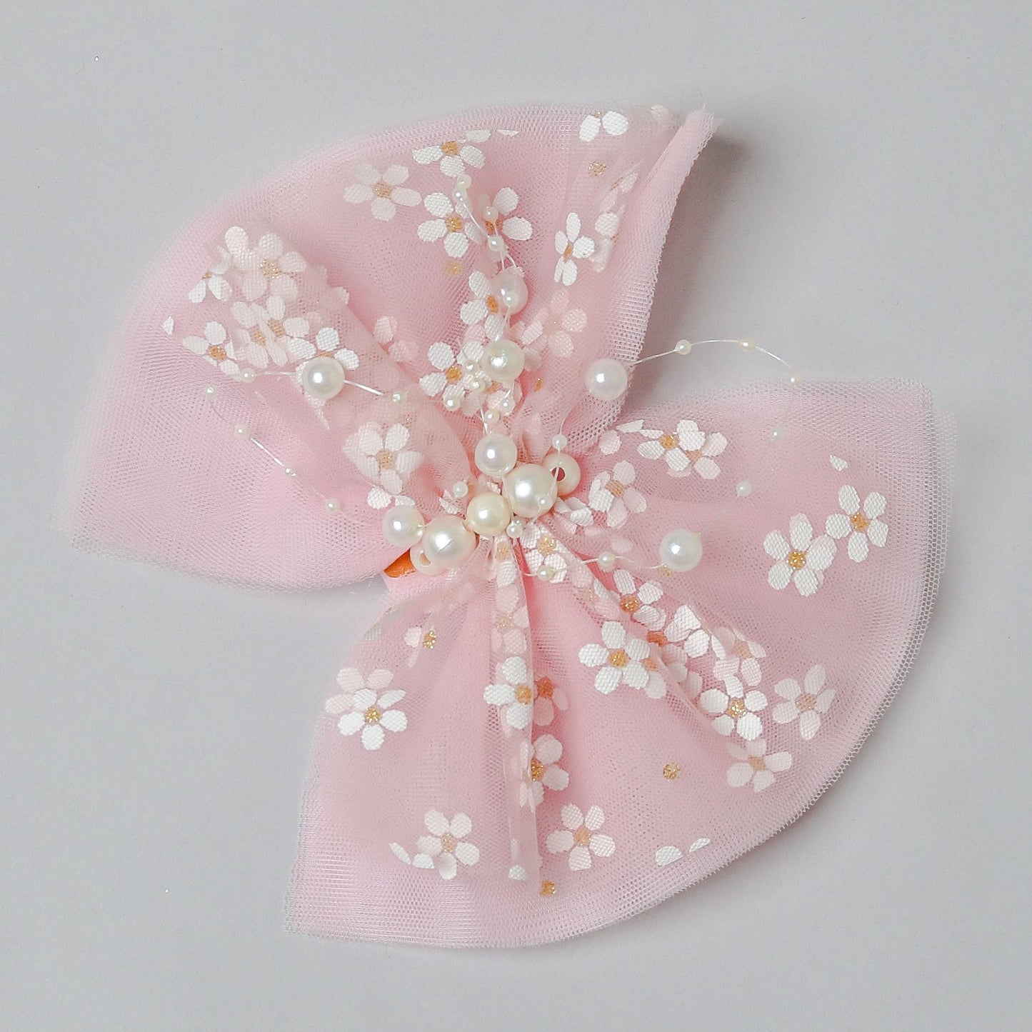 Pink Two Tone Frilly Hair Bow with Pearl String