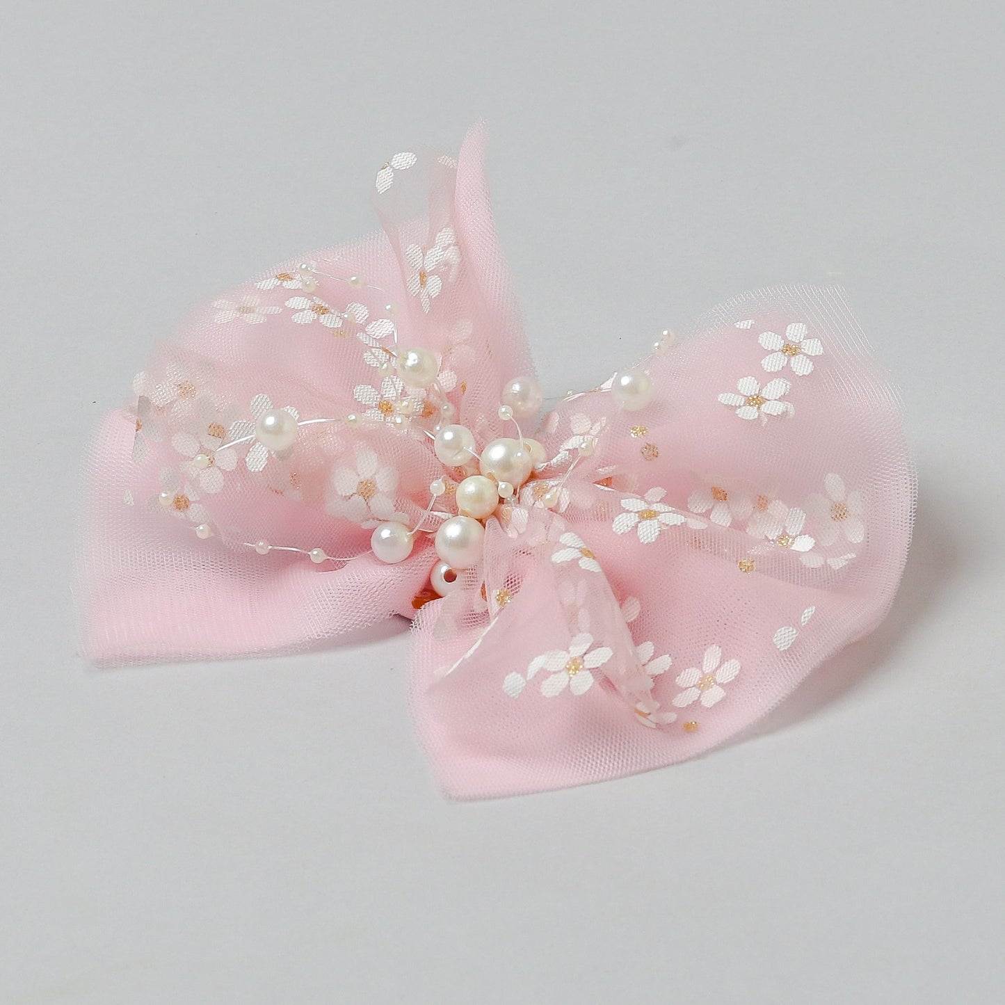 Pink Two Tone Frilly Hair Bow with Pearl String