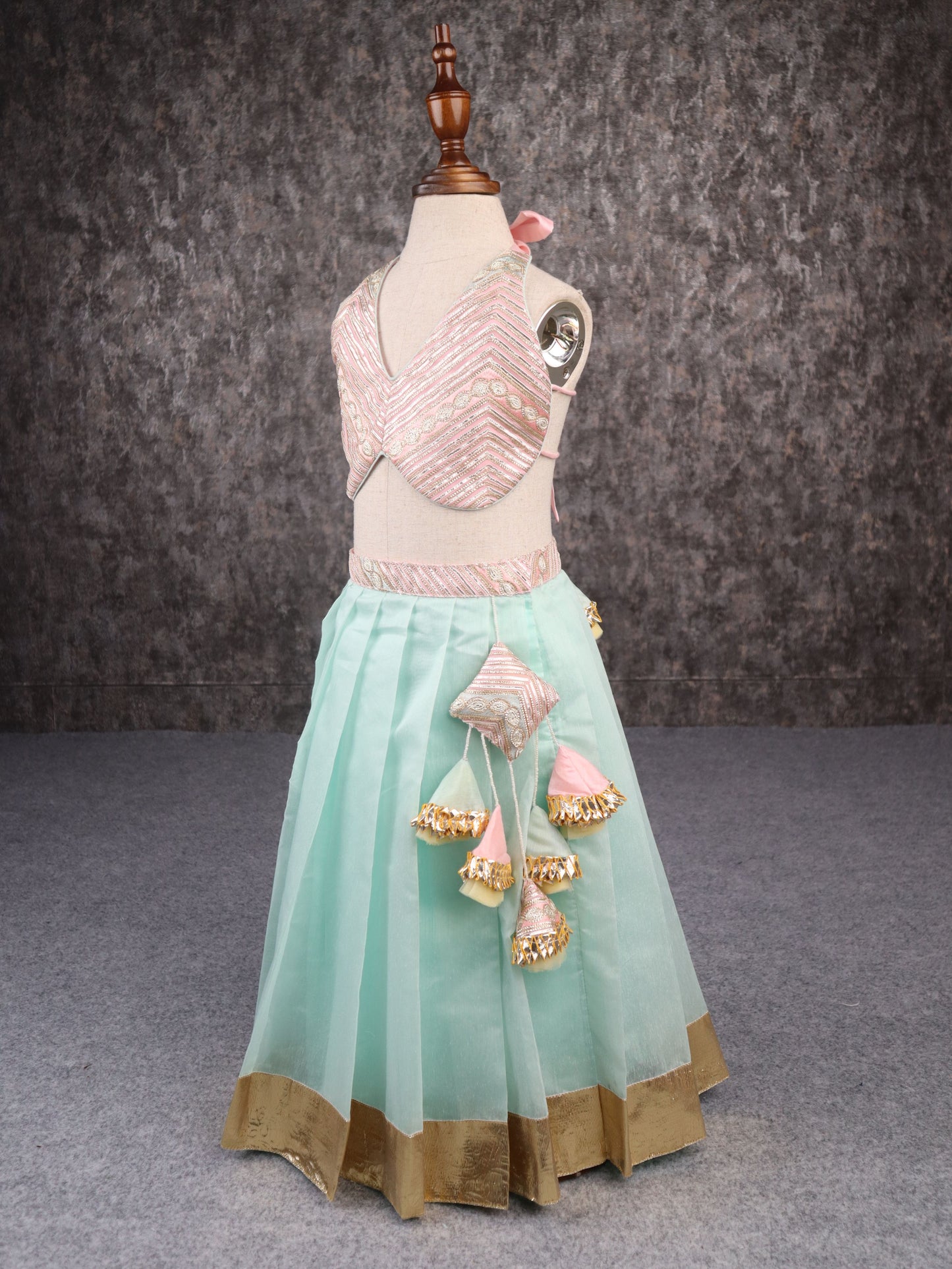 Halter Neck Stylish Embroiderd Top with Pleated Lehenga and dupatta