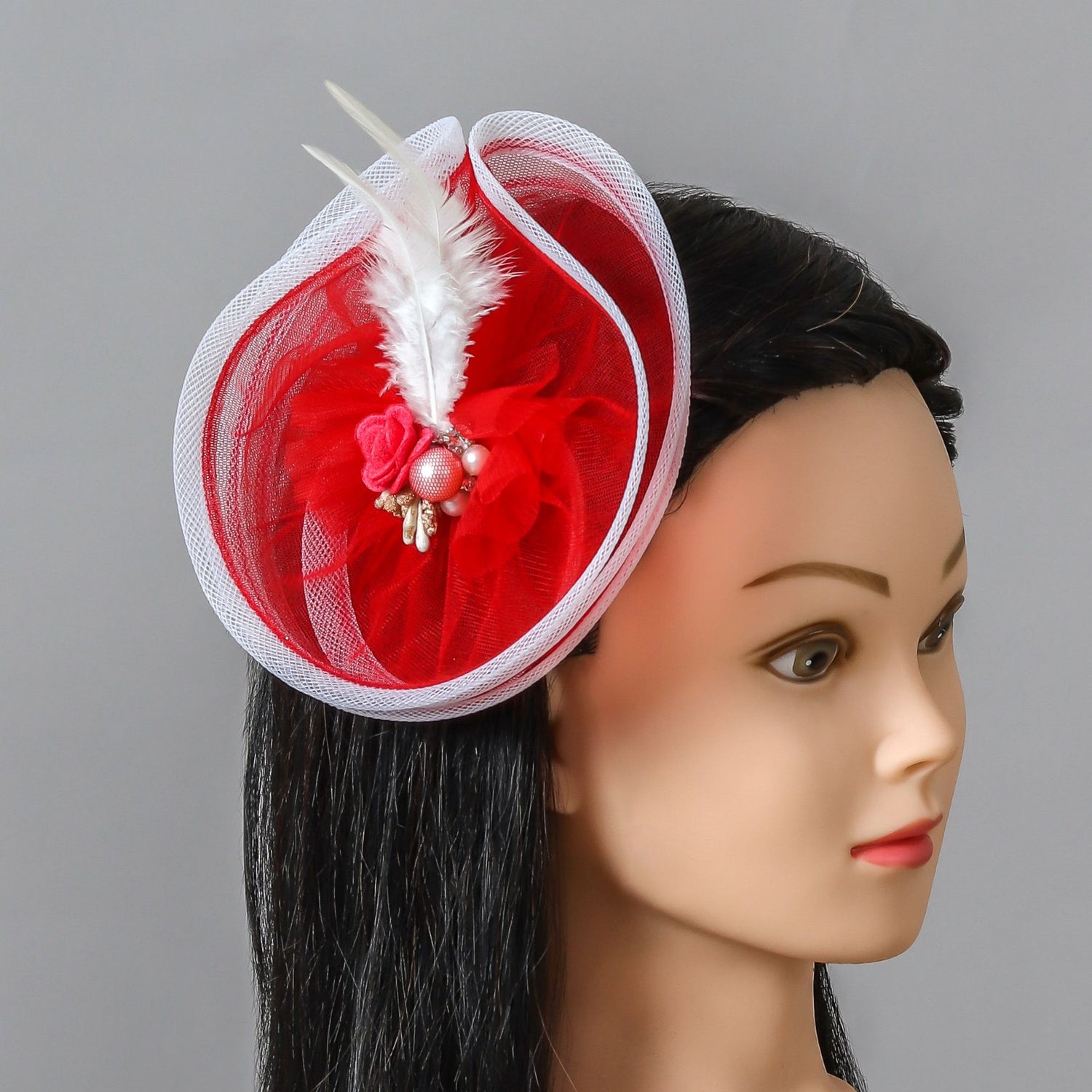 Twisted Red Hair Fascinator With Feather Detailing