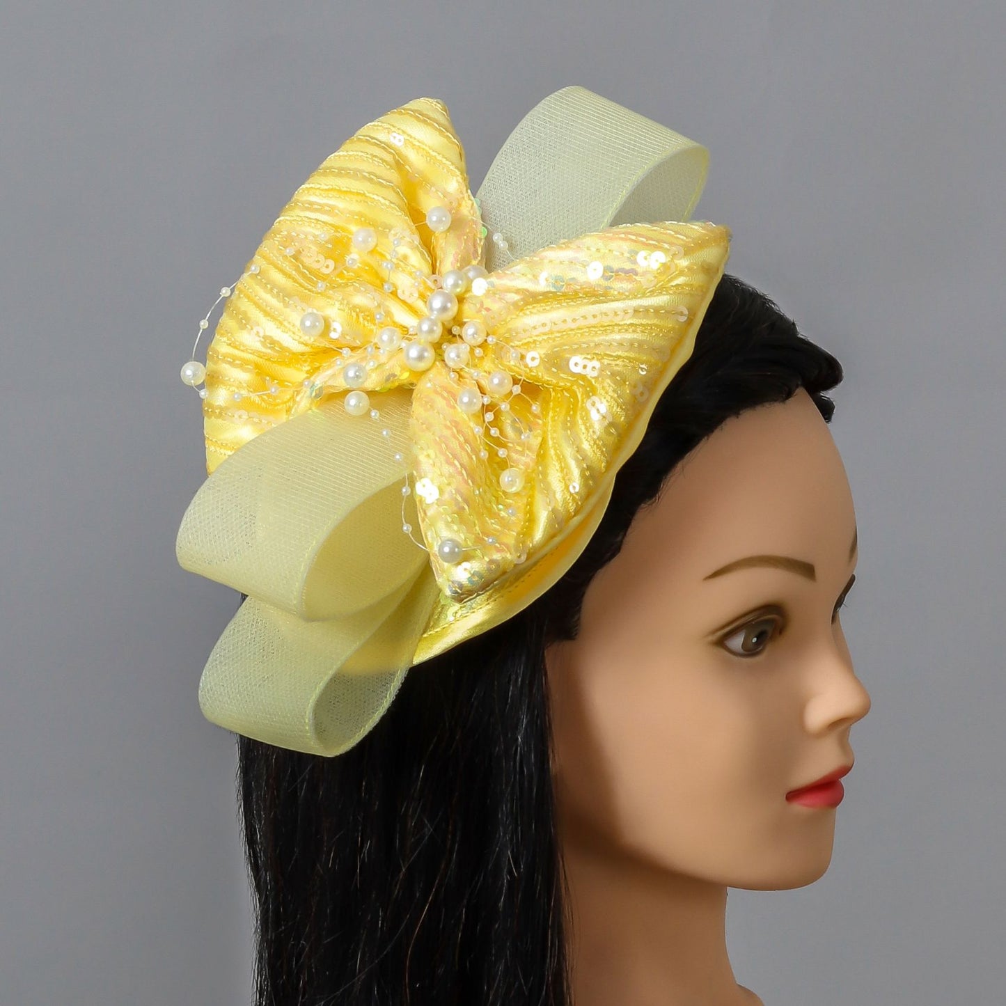 Elegant Yellow Sequin Bow With Pearl Work Hair Fascinator