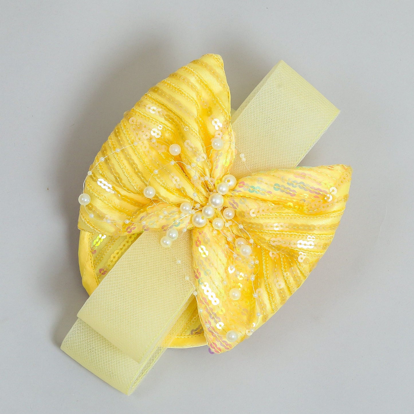 Elegant Yellow Sequin Bow With Pearl Work Hair Fascinator