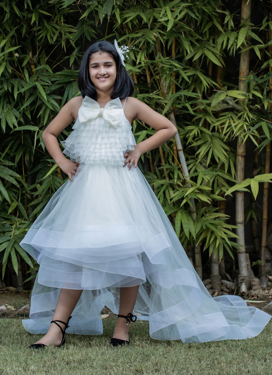 Ice blue party dress for girls with pearl bow, layered ruffle bodice and attached trail