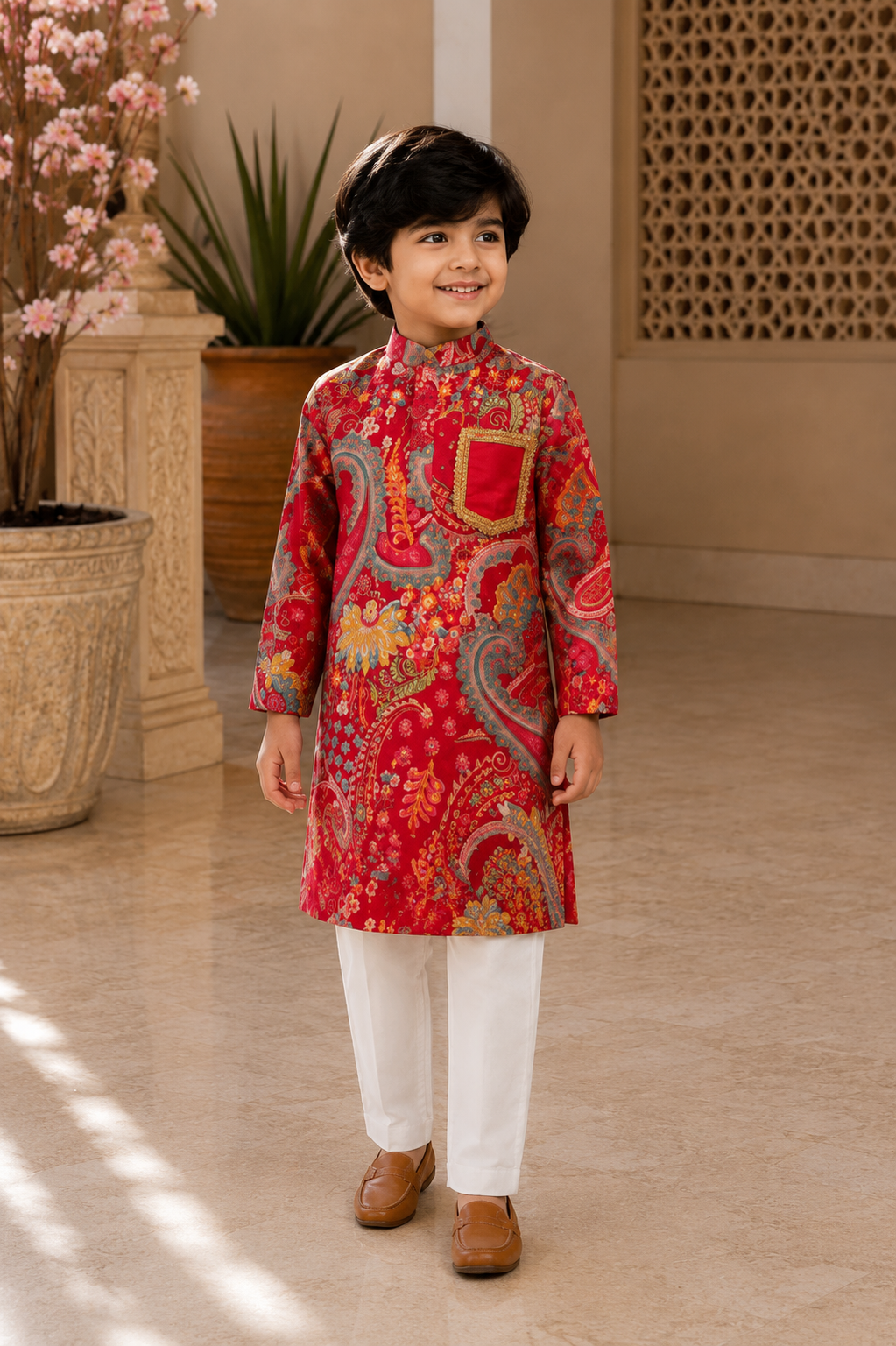 Little boy wearing royal red paisley modal kurta with white pajama in festive ethnic style