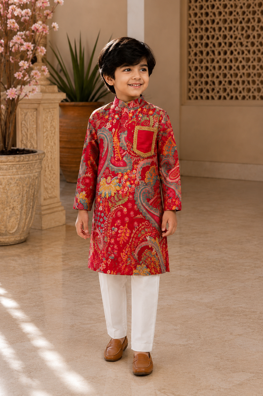 Little boy wearing royal red paisley modal kurta with white pajama in festive ethnic style