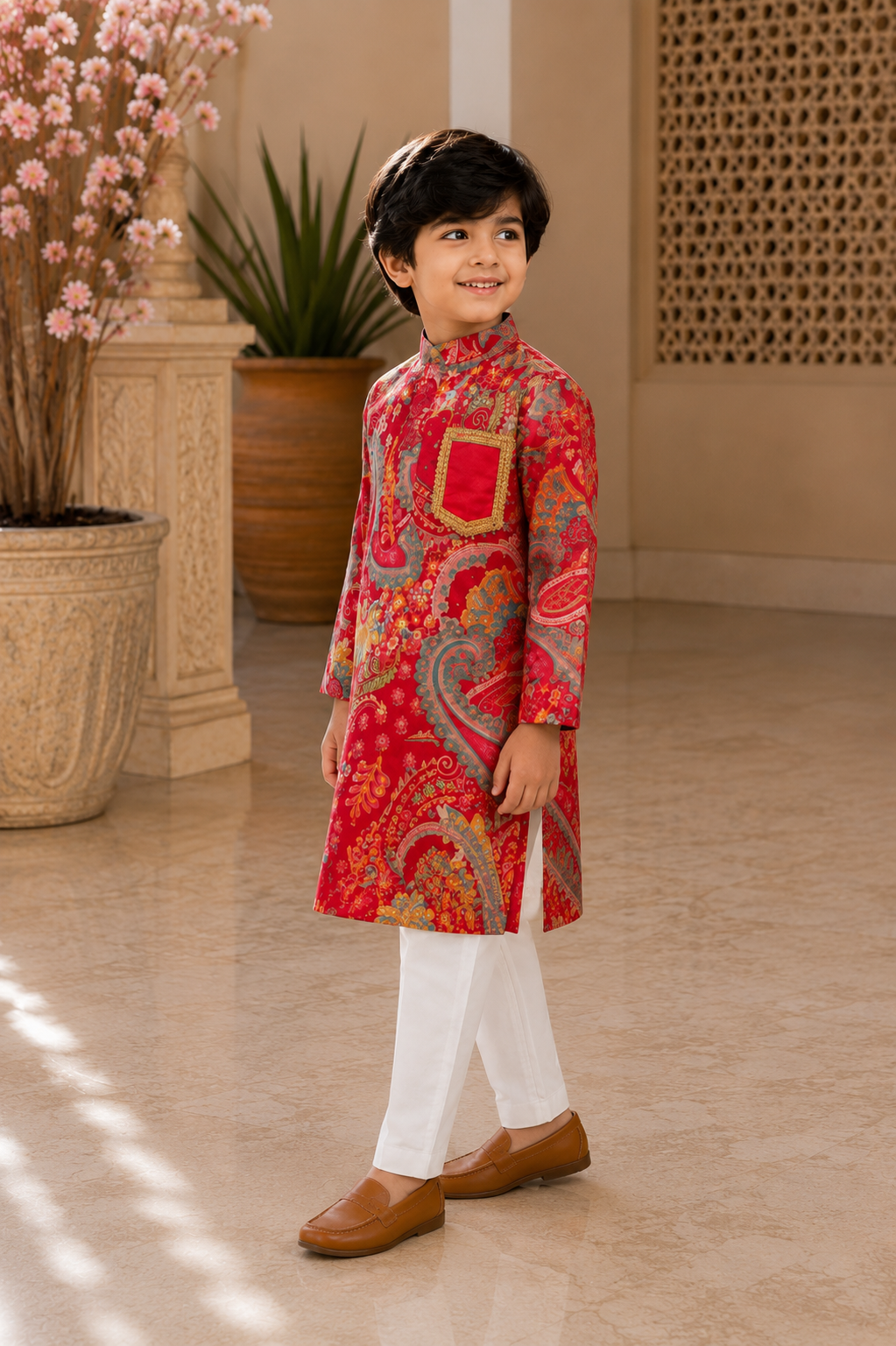 Little boy wearing royal red paisley modal kurta with white pajama in festive ethnic style 1