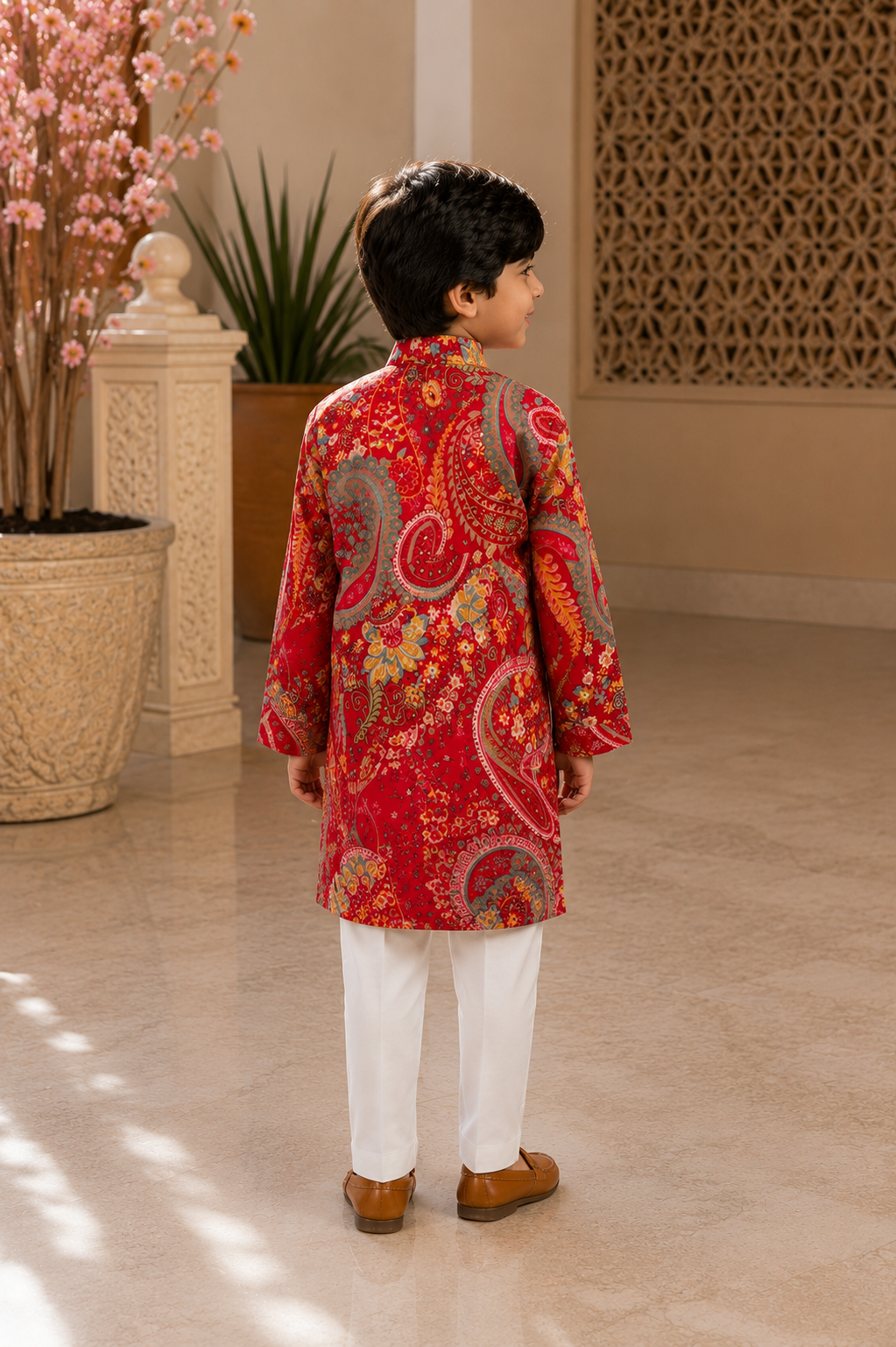 Little boy wearing royal red paisley modal kurta with white pajama in festive ethnic style 2