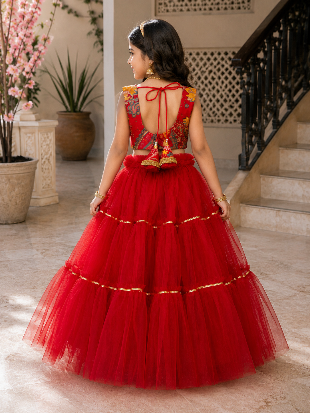 Premium red net layered lehenga choli set for girls back with designer printed blouse, golden lace border dupatta, tassel accessories and festive ethnic styling 