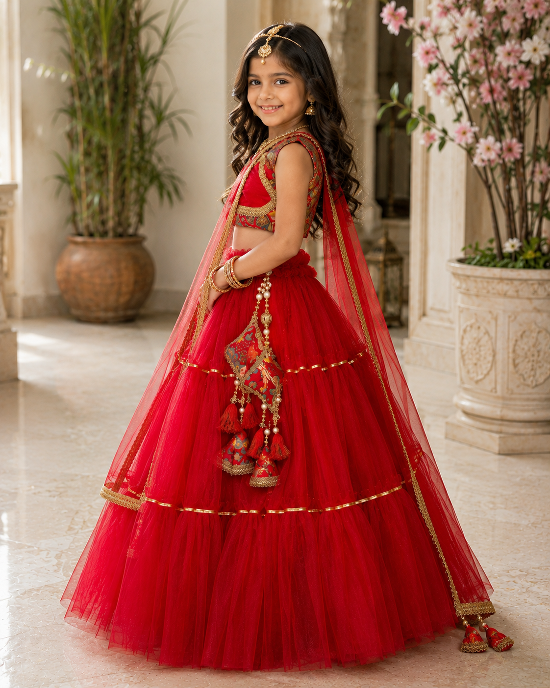 Premium red net layered lehenga choli set for girls side with designer printed blouse, golden lace border dupatta, tassel accessories and festive ethnic styling