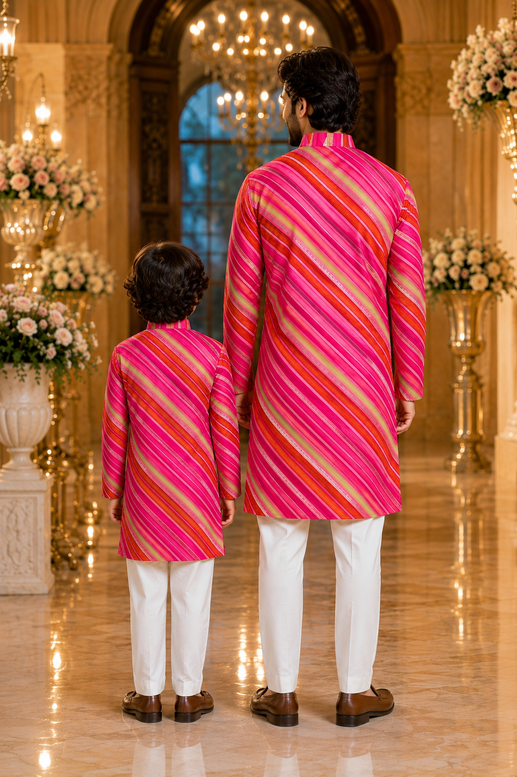 Man wearing Pear Bear Royal Leheriya pink cotton kurta set with white pajama styled for weddings, festive celebrations, and coordinated Father & Son ethnic wear back