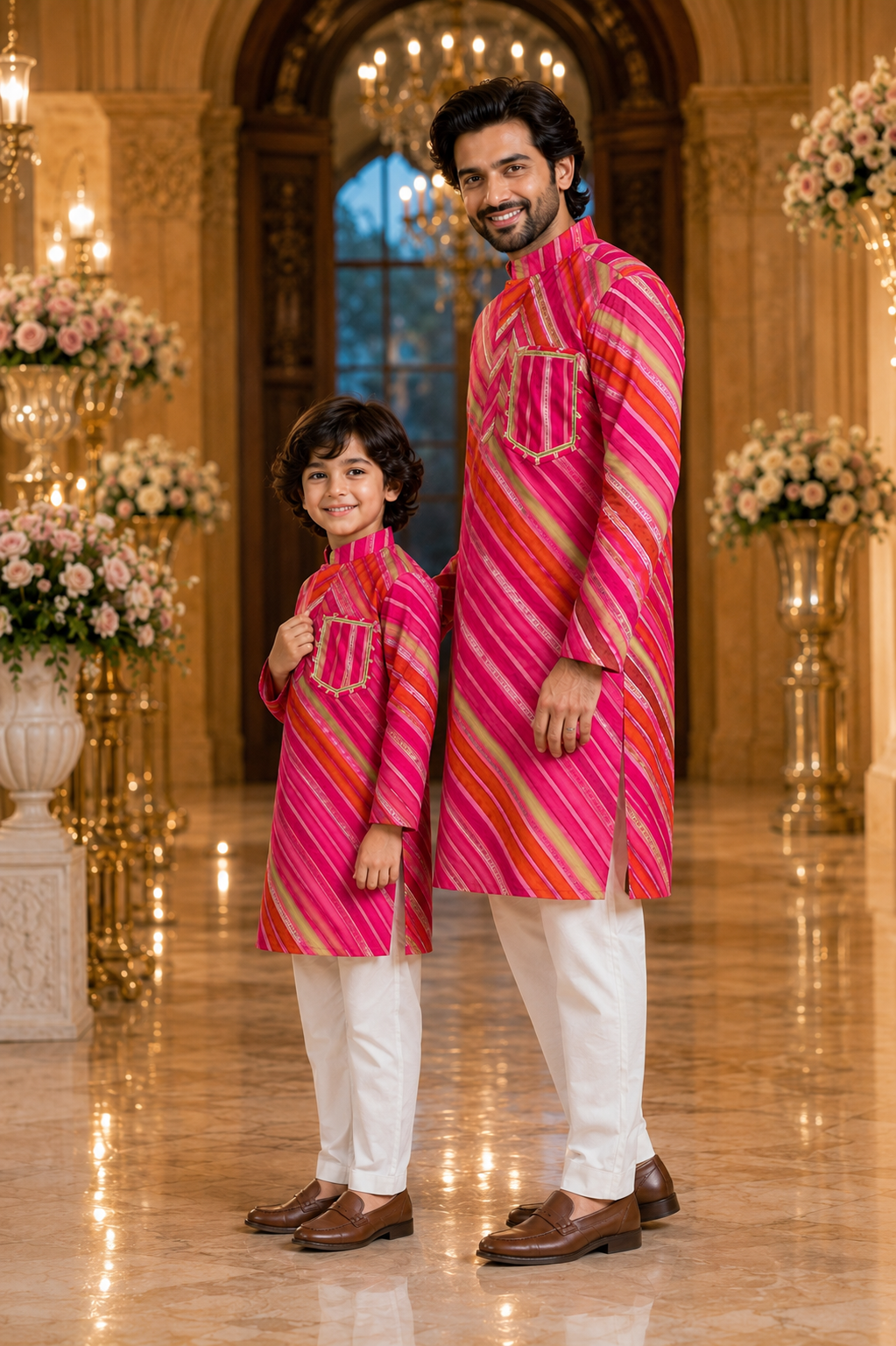 Man wearing Pear Bear Royal Leheriya pink cotton kurta set with white pajama styled for weddings, festive celebrations, and coordinated Father & Son ethnic wear side