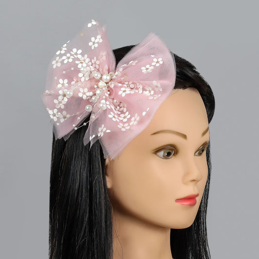 Pink Two Tone Frilly Hair Bow with Pearl String