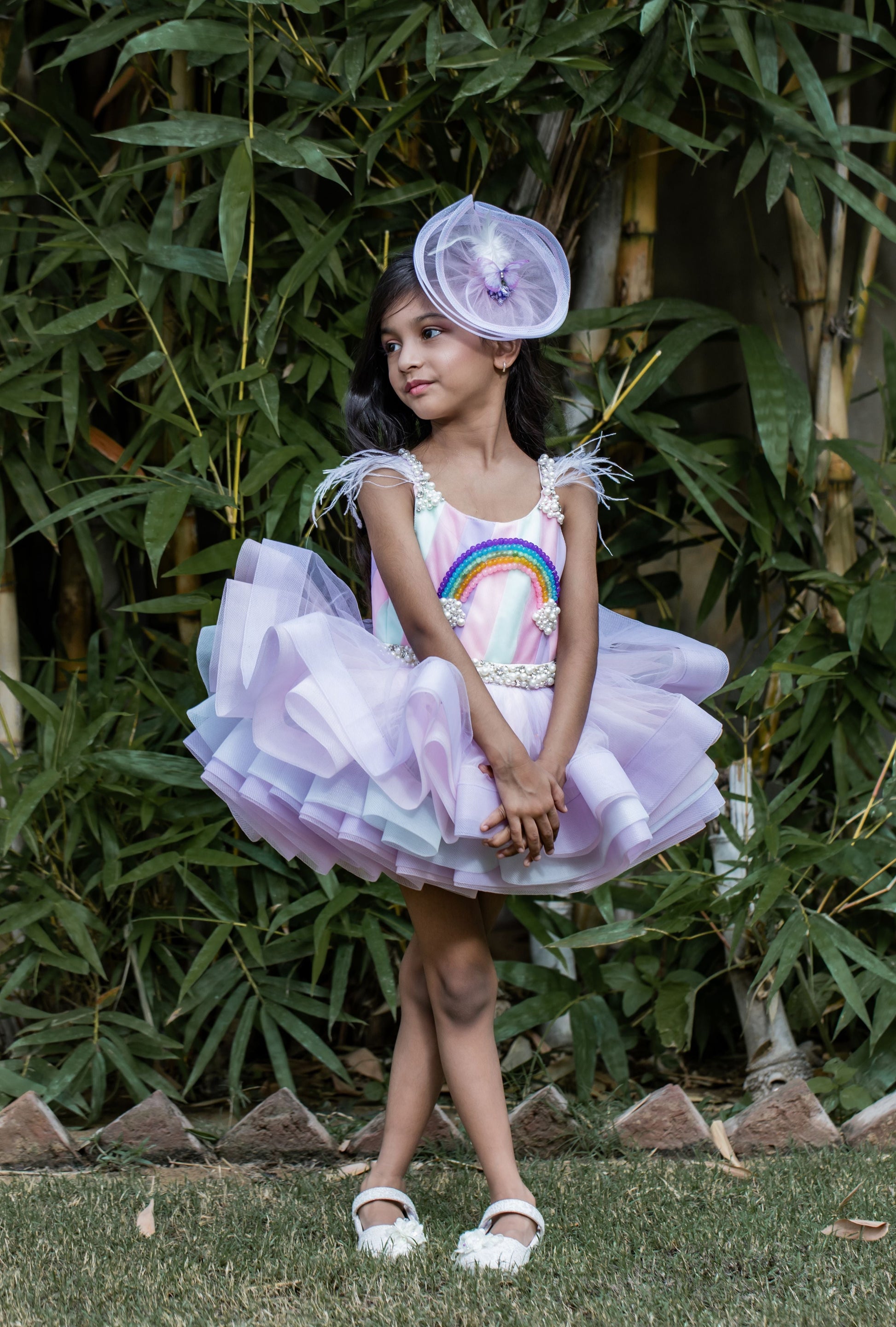 Pastel rainbow pearl embroidered party dress for girls with layered net ruffle skirt and designer detailing