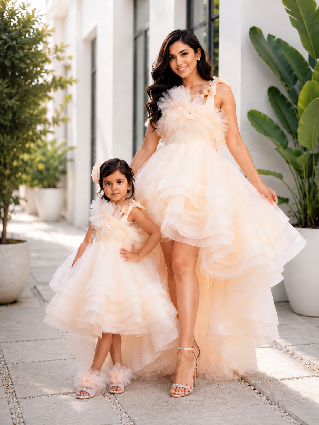 Peach Butterfly Net occasion dress for women and girls with butterfly embellishments and layered couture ruffles
