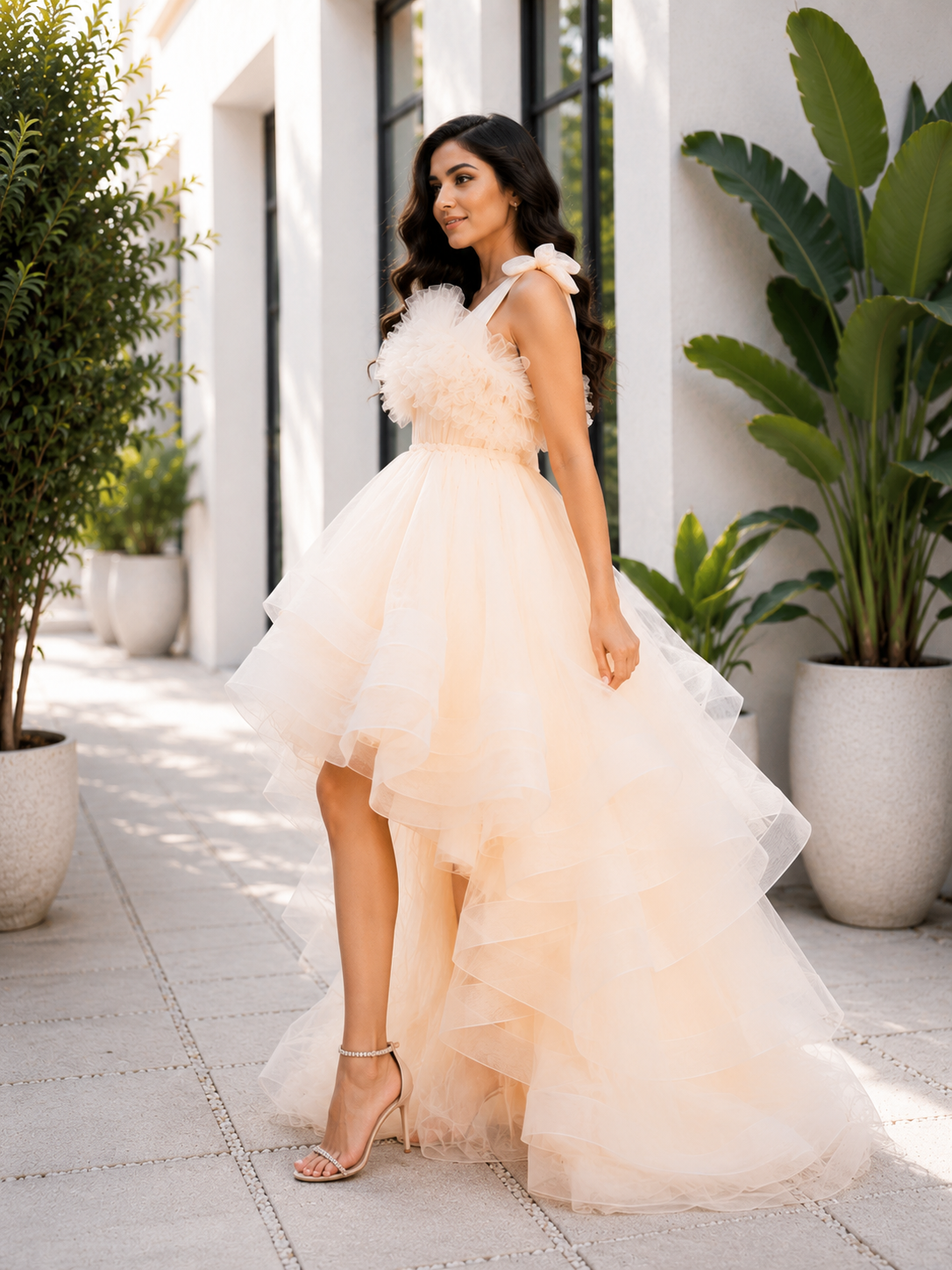 Peach Butterfly Net occasion dress for women and girls with butterfly embellishments and layered couture ruffles 2