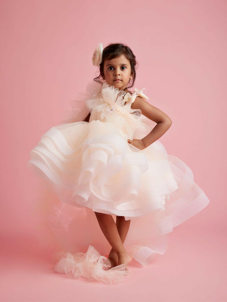 Peach Butterfly Net one shoulder occasion dress for girls with butterfly embellishments and pearl detailing