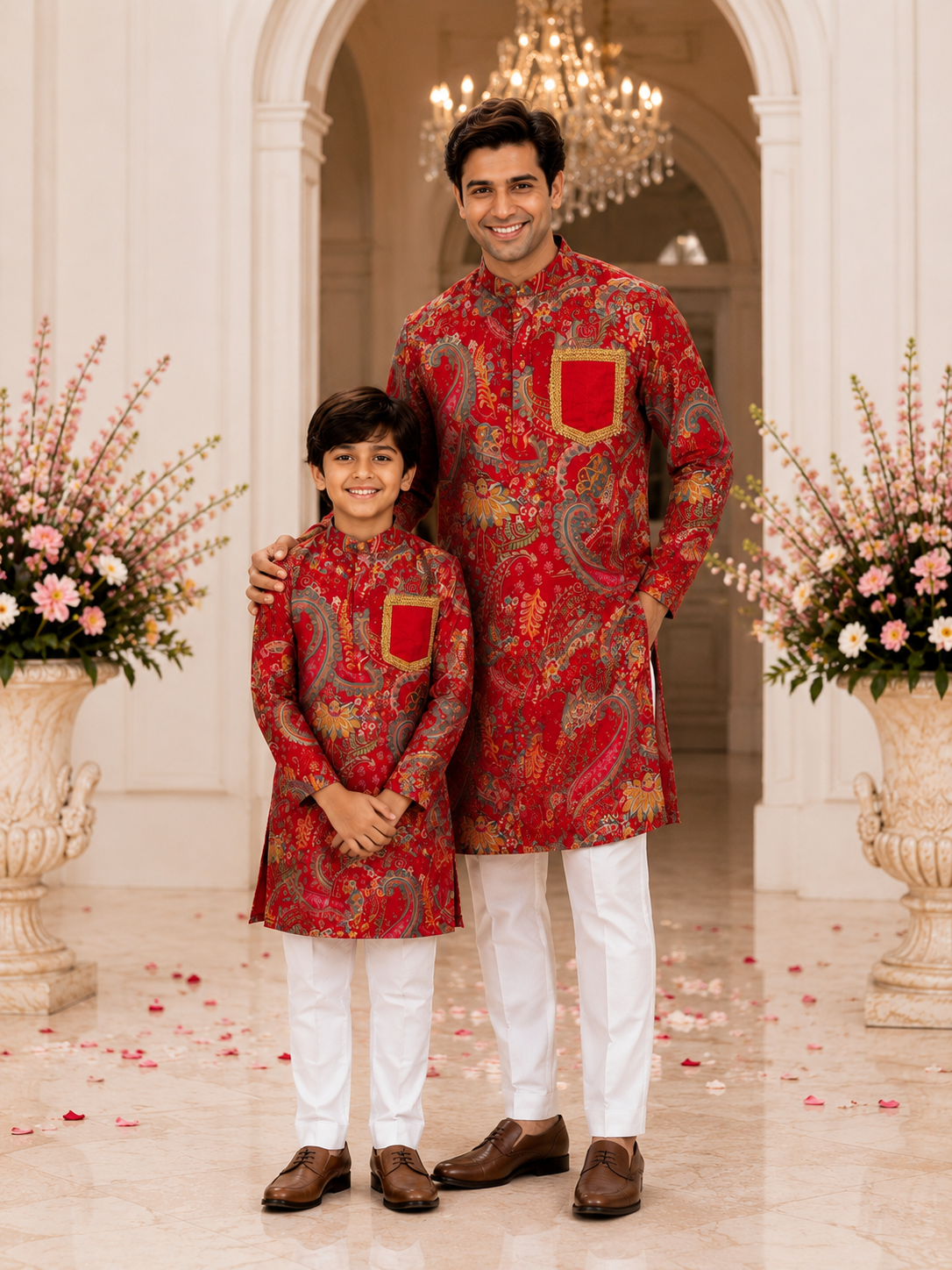 Pear_Bear_Family_Celebration_Set_Royal_Crimson_Paisley_Edition_featuring_coordinated_luxury_ethnic_outfits_for_father_and_son_in_premium_festive_wedding_styling.