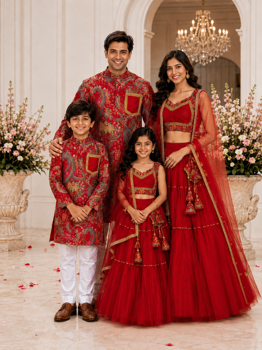Pear Bear Family Celebration Set Royal Crimson Paisley Edition featuring coordinated luxury ethnic outfits for mother, father, son, and daughter in premium festive wedding styling
