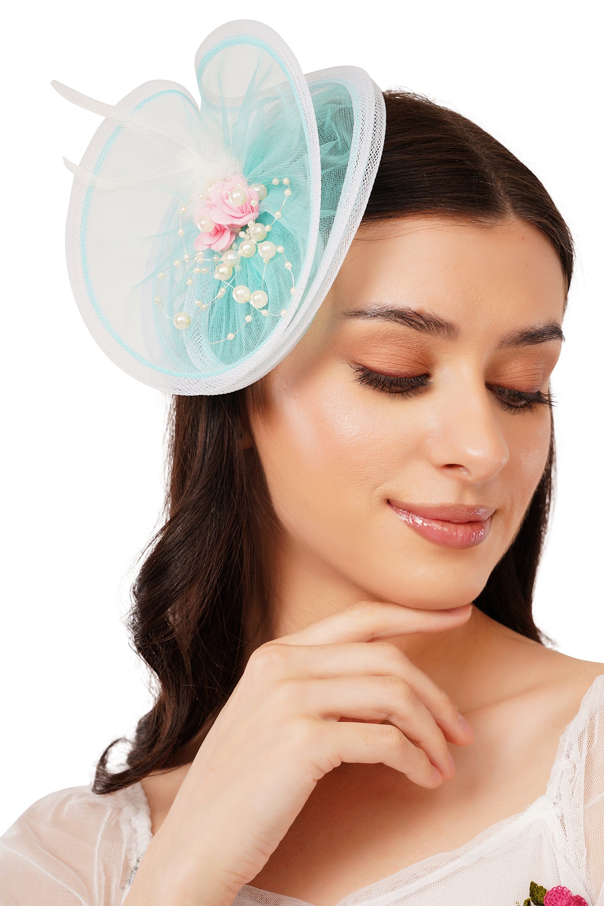 Pear Bear aqua pearl floral feather premium fascinator hair accessory for girl