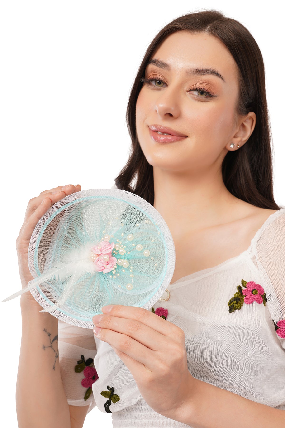 Pear Bear aqua pearl floral feather premium fascinator hair accessory for girls