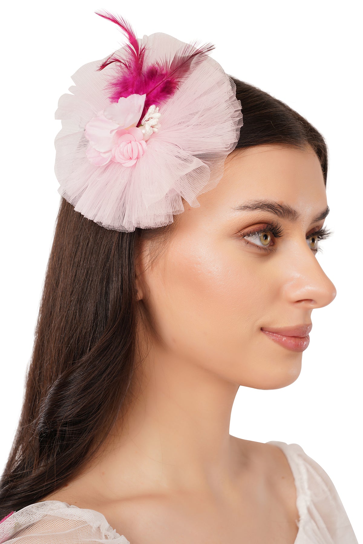 Pear Bear blush pink pearl feather mesh premium hair clip accessory for girls
