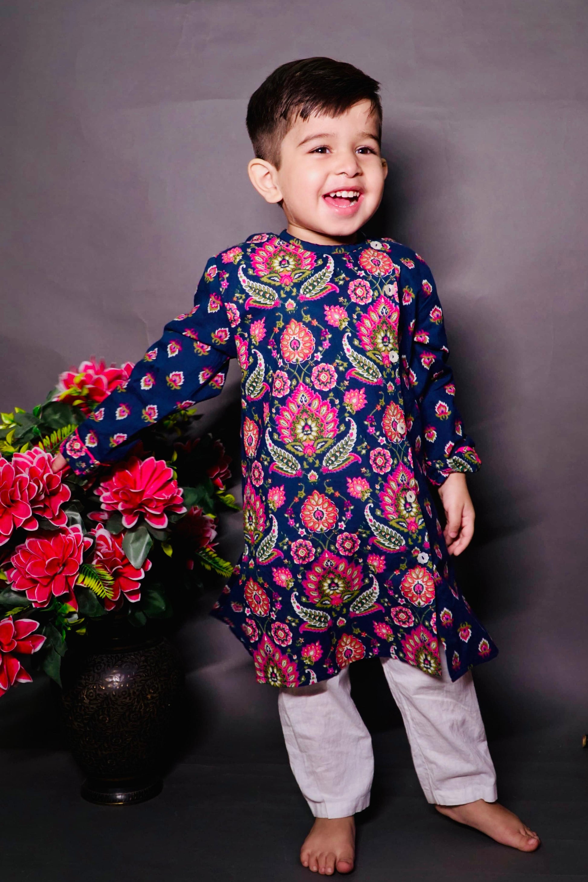 Pear Bear boys navy blue printed cotton kurta set festive wear
