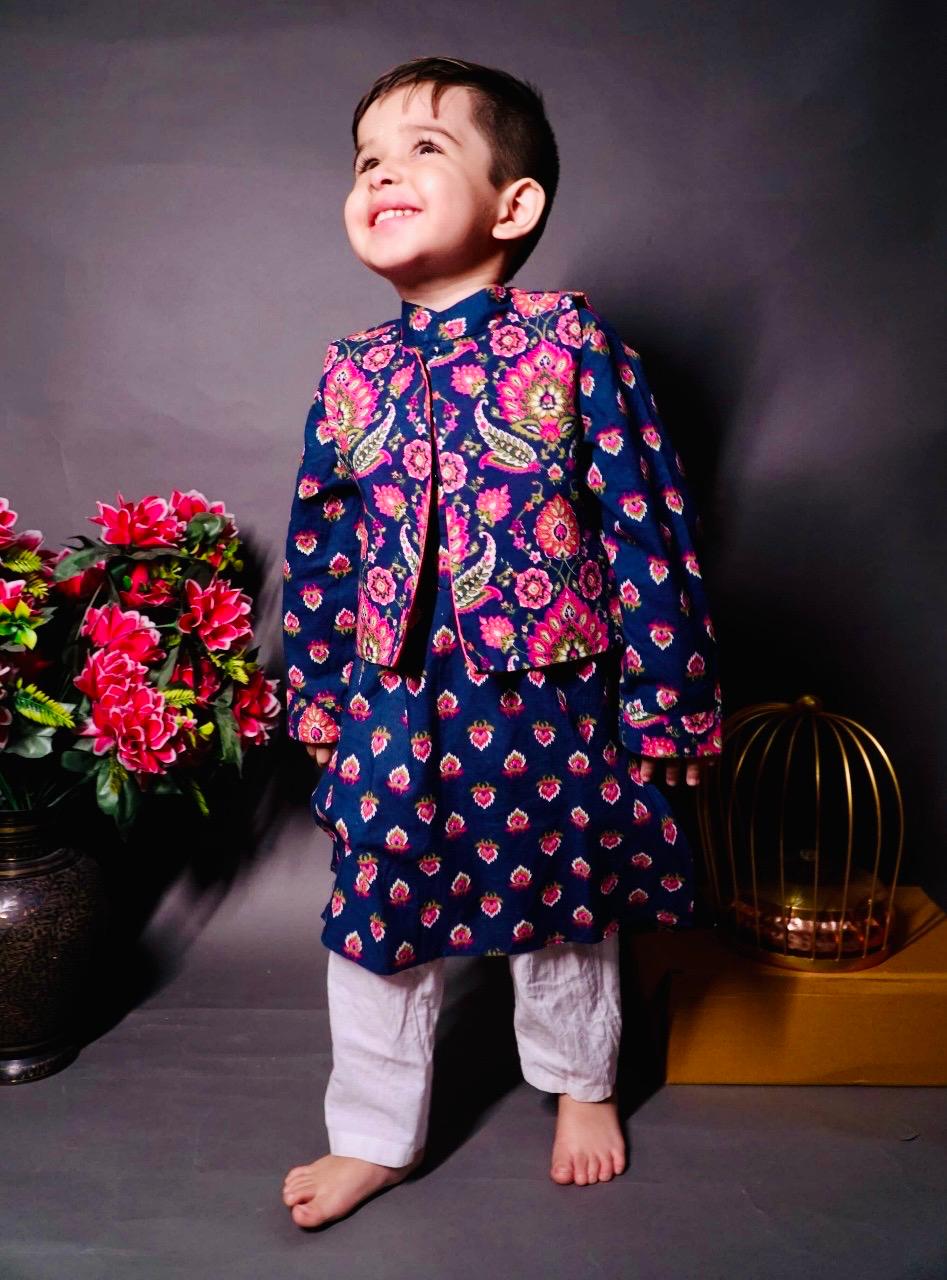 Pear Bear boys navy printed premium cotton kurta jacket set festive ethnic wear

