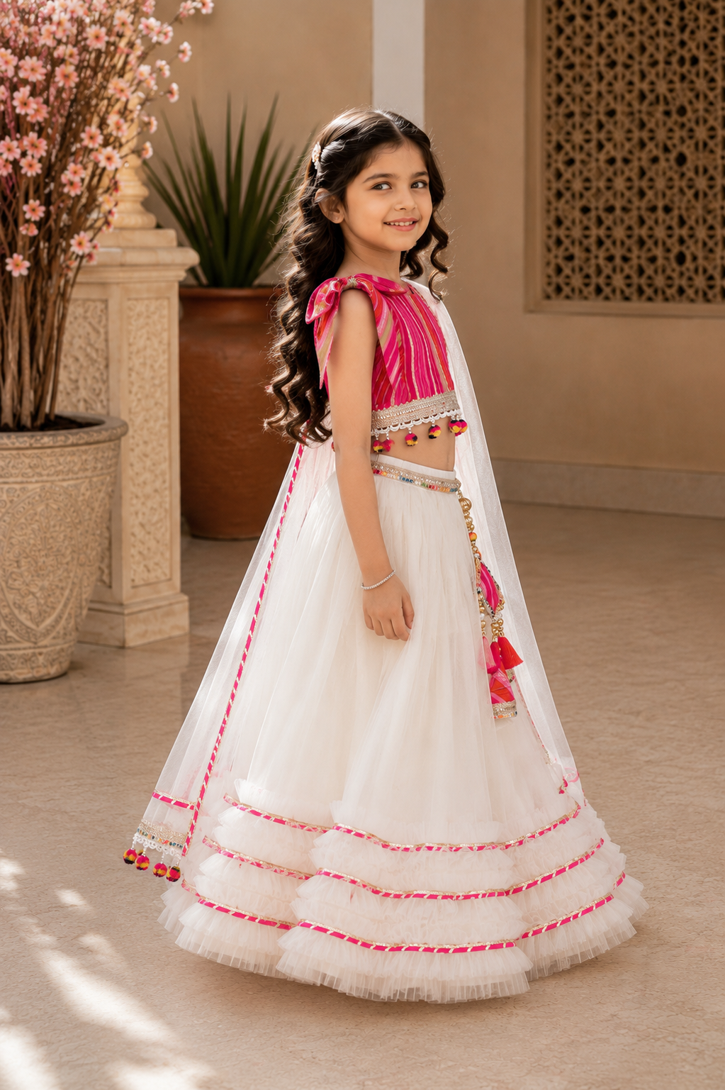 Pear Bear girl wearing white layered lehenga with pink striped blouse and net dupatta in festive ethnic style 2