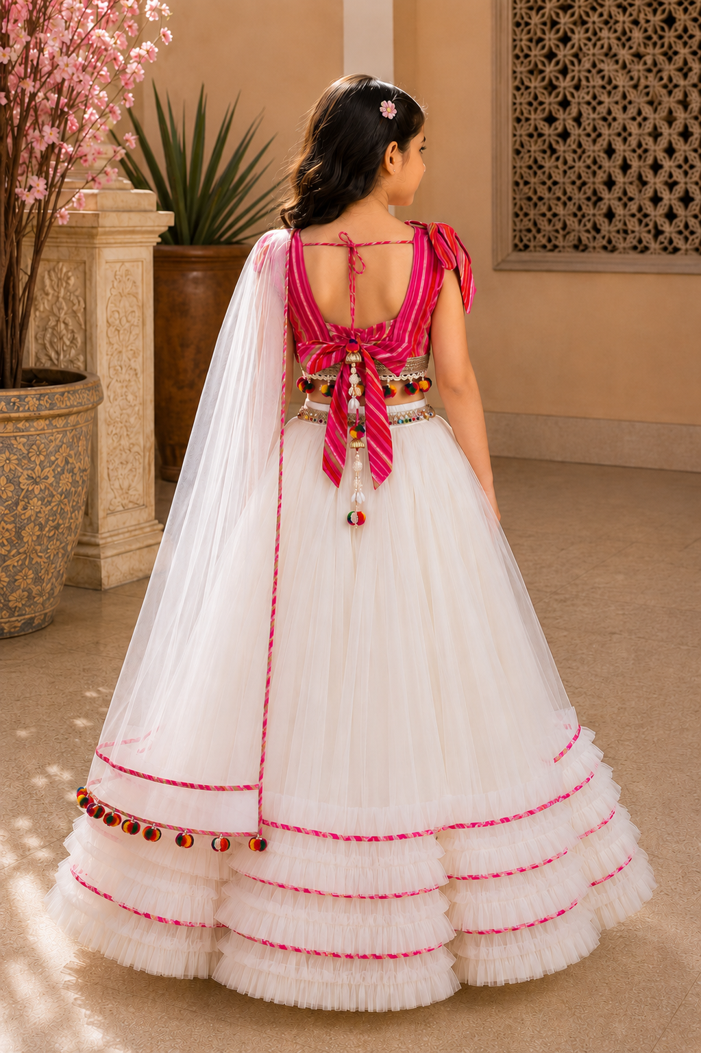 Pear Bear girl wearing white layered lehenga with pink striped blouse and net dupatta in festive ethnic style 3