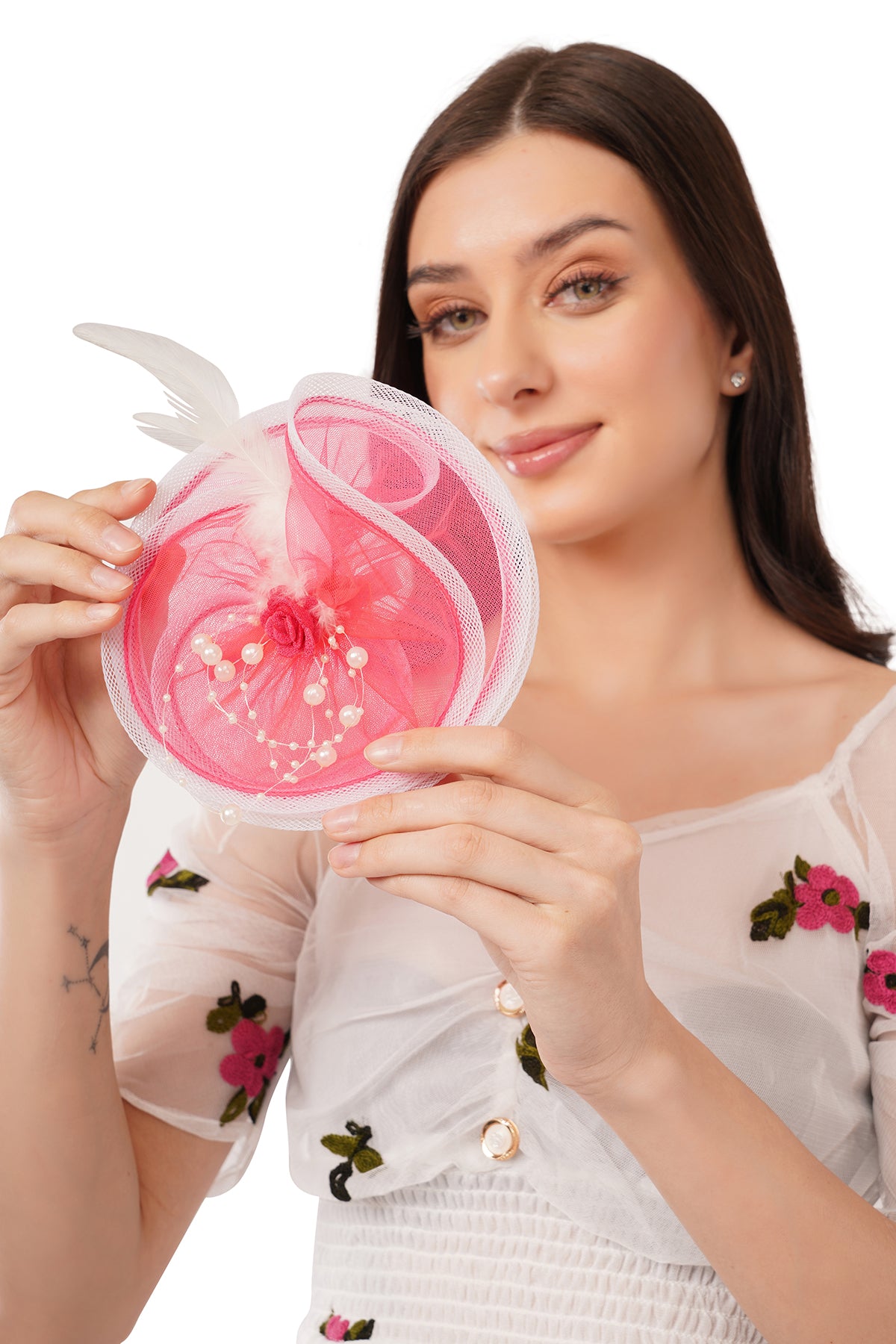 Pear Bear rosy pink pearl feather premium fascinator hair accessory for girls