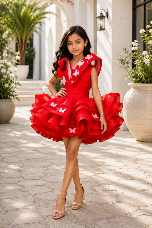 Red butterfly embellished party dress for girls with pleated bodice, pearl detailing and dramatic flared hem 1